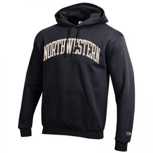 Northwestern University Wildcats Men's Black Champion Eco Powerblend Hooded Sweatshirt with Creamy White Arched Northwestern Wool Sewn Appliqué Design