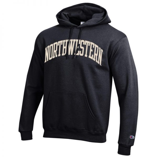 Northwestern University Wildcats Men's Black Champion Eco Powerblend Hooded Sweatshirt with Creamy White Arched Northwestern Wool Sewn Appliqué Design