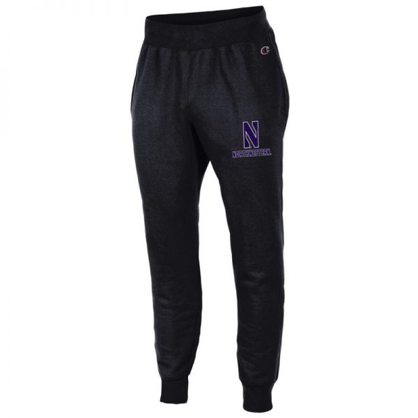 Northwestern University Wildcats Champion Men's Black Super Heavy Weight Reverse Weave Jogger Pant With Stylized N over Northwestern Design