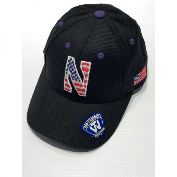 Northwestern University Wildcats Black Adjustable Velcroback Hat with Stars & Stripes Stylized N Design