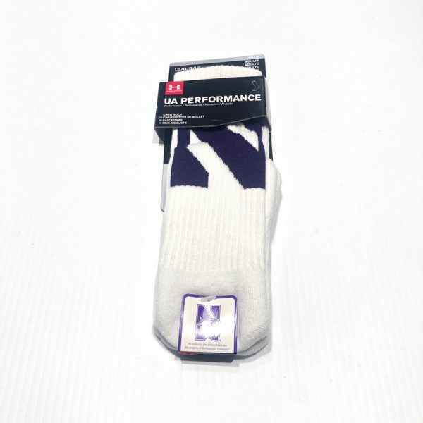 Northwestern University Wildcats Adult Under Armour White Crew Sock With Oversized Stylized N Design