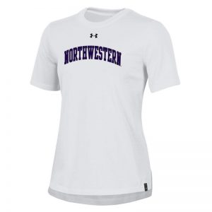 Ladies Under Armour White Performance Cotton Short Sleeve Tee With Northwestern Arch Design