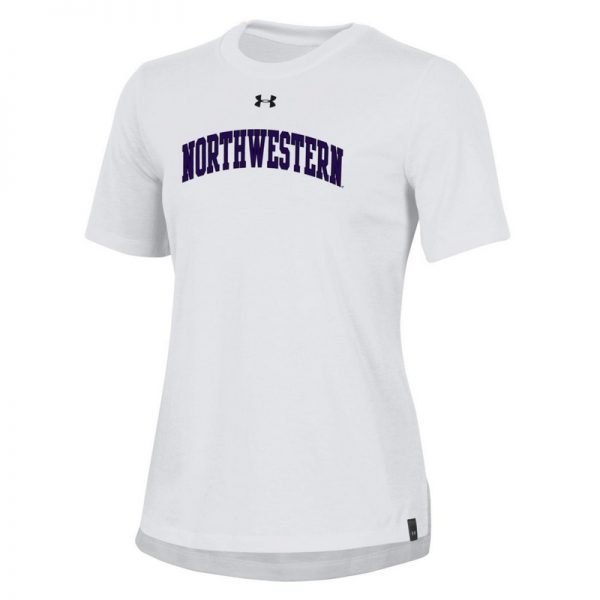 Ladies Under Armour White Performance Cotton Short Sleeve Tee With Northwestern Arch Design