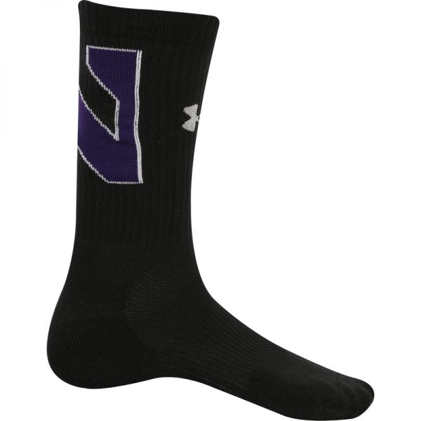 Northwestern University Wildcats Adult Under Armour Black Crew Sock With Oversized Stylized N Design