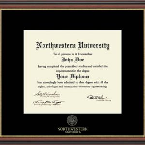 Northwestern University Wildcats Black Matted Williamsburg Diploma Frame With Gold Accent & Gold Embossed Northwestern University Seal Design