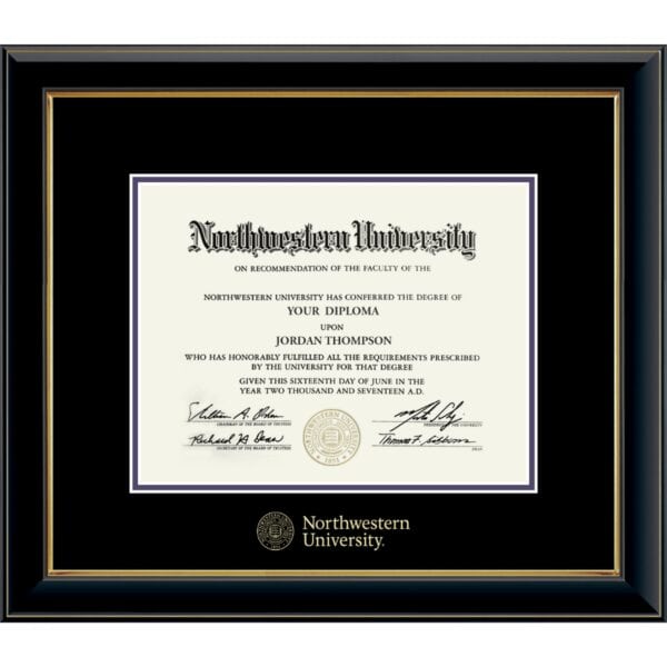 Northwestern University Wildcats Onyx Double Matted Black Diploma Frame With Gold Accent & Gold Embossed Northwestern University Seal Design With Main Matt In Black