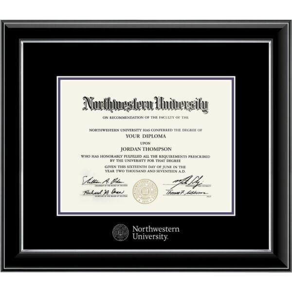 Northwestern University Wildcats Onyx Double Matted Black Diploma Frame With Silver Accent & Silver Embossed Northwestern University Seal Design Main Matt In Black