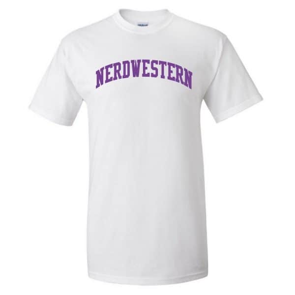 White Short Sleeve Tee Shirt with "Nerdwestern" Design