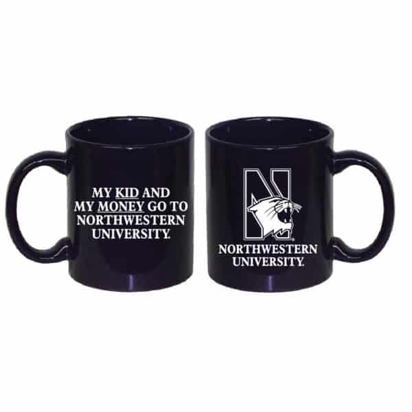 Northwestern University Wildcats 11 oz. Purple Ceramic Coffee Mug with "Side One: Multicolor N-Cat" & " Side Two: My Kid and My Money Go To Northwestern University" Design