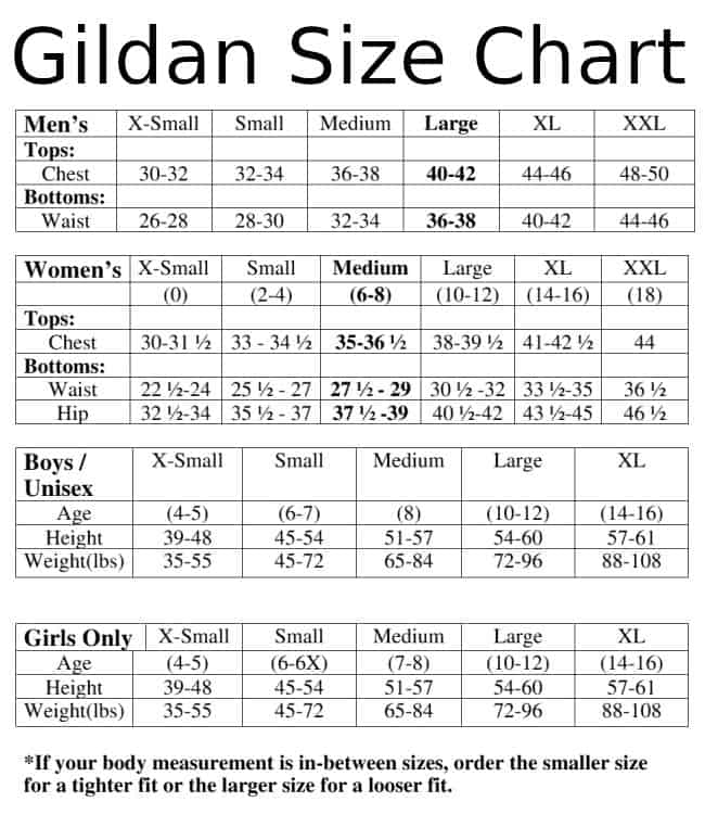 Gildan Sizing Chart