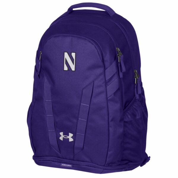 Northwestern University Wildcats Under Armour Purple Hustle 5.0 Backpack with Stylized N in White with Black Outline