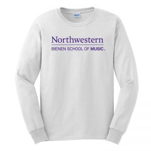 Northwestern University White Long Sleeve Tee Shirt with Bienen School of Music Design
