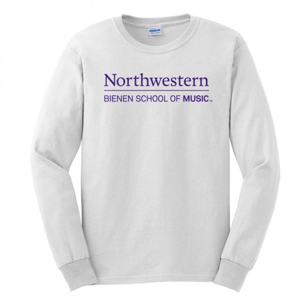 Northwestern University White Long Sleeve Tee Shirt with Bienen School of Music Design