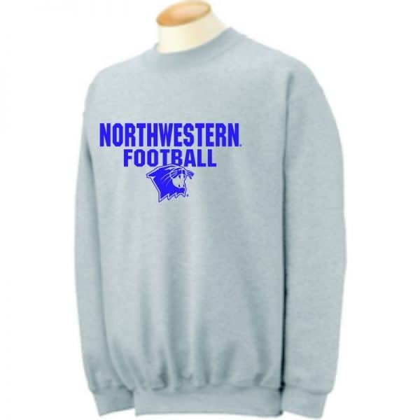 Northwestern University Wildcats Grey Crewneck Sweatshirt with Football Wildcat Design