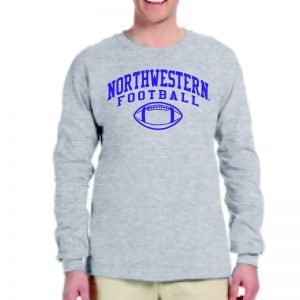 Northwestern University Wildcats Grey Long Sleeve Tee Shirt with Northwestern Football Design