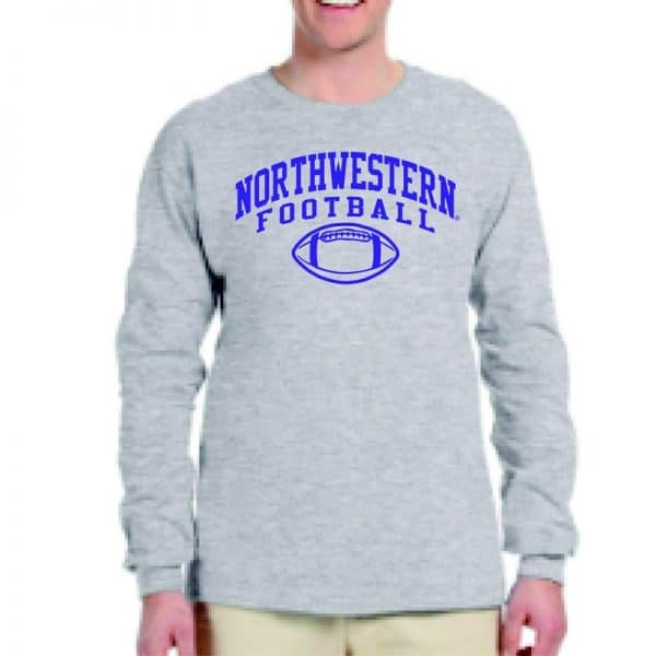 Northwestern University Wildcats Grey Long Sleeve Tee Shirt with Northwestern Football Design