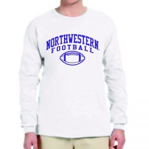 Northwestern University Wildcats White Long Sleeve Tee Shirt with Northwestern Football Design