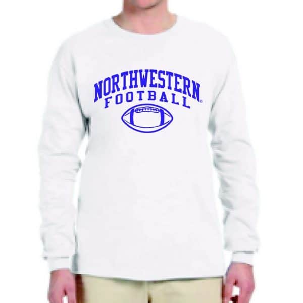Northwestern University Wildcats White Long Sleeve Tee Shirt with Northwestern Football Design
