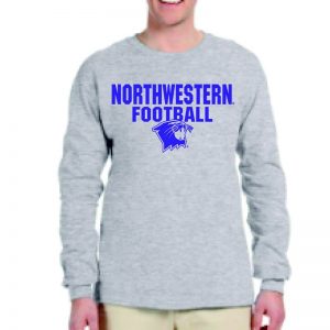 Northwestern University Wildcats Grey Long Sleeve Tee Shirt with Football Wildcat Design