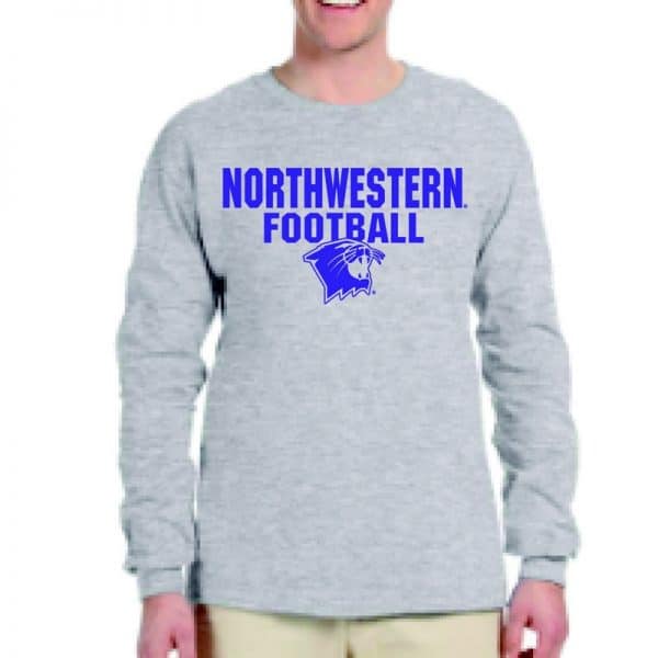 Northwestern University Wildcats Grey Long Sleeve Tee Shirt with Football Wildcat Design
