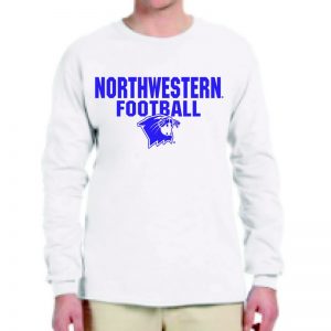 Northwestern University Wildcats White Long Sleeve Tee Shirt with Football Wildcat Design