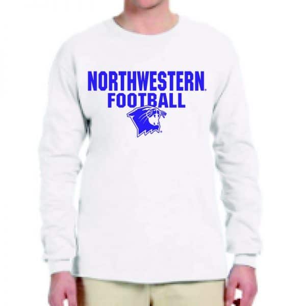 Northwestern University Wildcats White Long Sleeve Tee Shirt with Football Wildcat Design