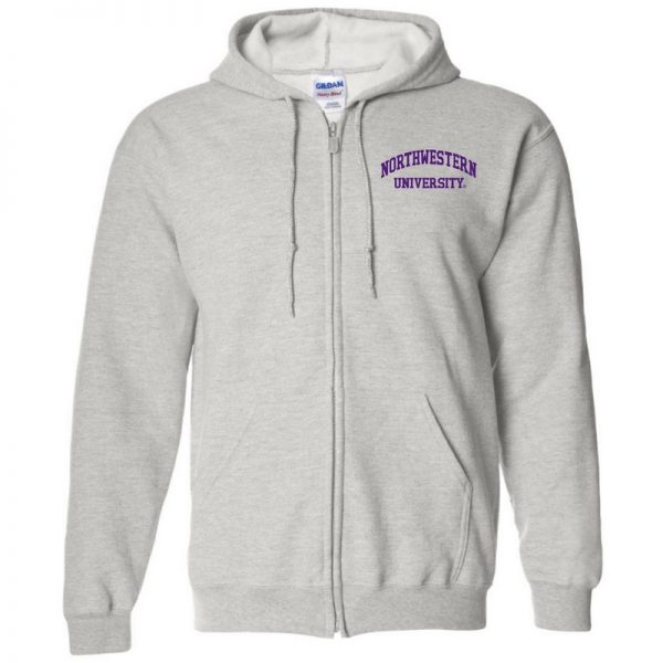 Northwestern University Wildcats Men's Ash Grey Full-Zip Hooded Sweatshirt with Left Chest Embroidered Northwestern University Design