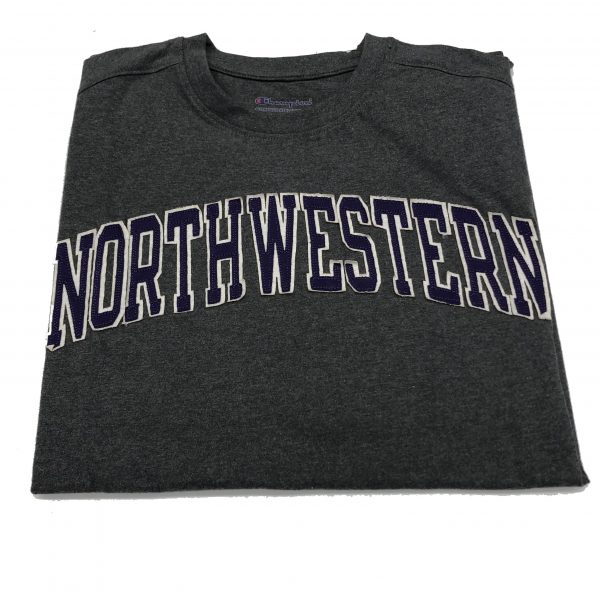 Northwestern University Wildcats Men's Granite Heather Short Sleeve Tee Shirt with Vintage Appliqué Arched Northwestern Design