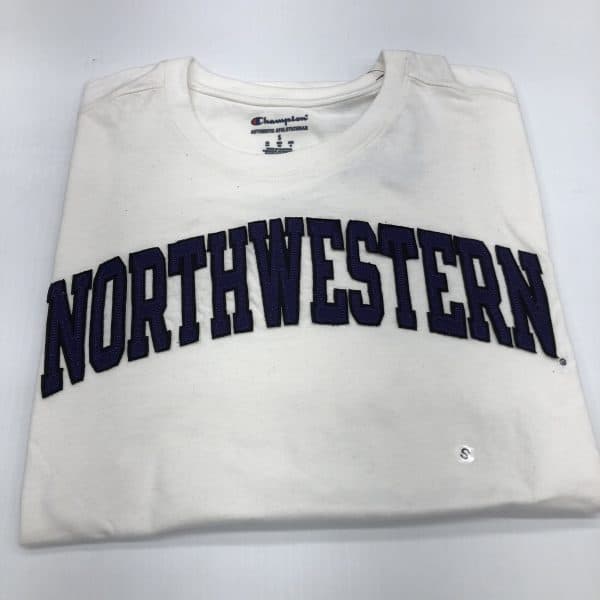 Northwestern University Wildcats Men's White Short Sleeve Tee Shirt with Vintage Appliqué Arched Northwestern Design