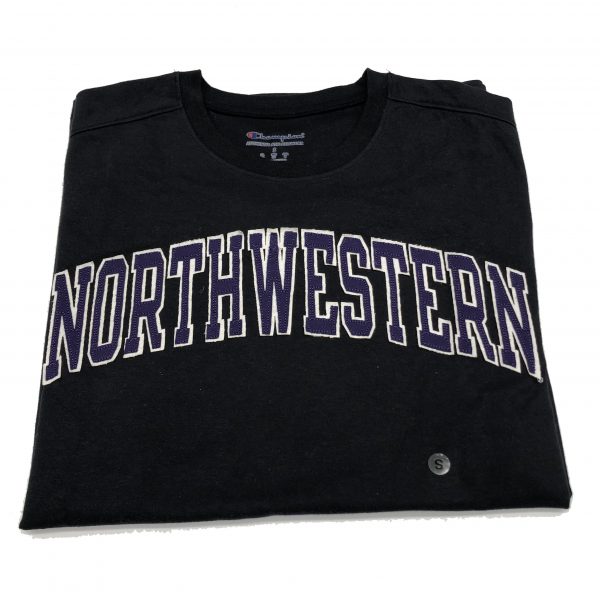 Northwestern University Wildcats Men's Black Short Sleeve Tee Shirt with Vintage Appliqué Arched Northwestern Design -2