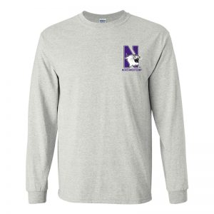 Northwestern University Wildcats Men's Ash Grey Long Sleeve Tee Shirt with Left Chest Embroidered N-Cat & Northwestern Design