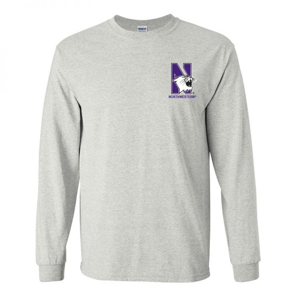 Northwestern University Wildcats Men's Ash Grey Long Sleeve Tee Shirt with Left Chest Embroidered N-Cat & Northwestern Design