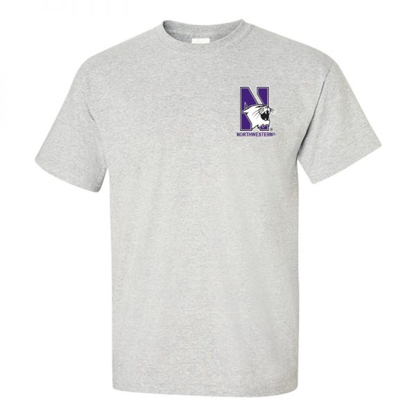 Northwestern University Wildcats Men's Ash Grey Short Sleeve Tee Shirt with Left Chest Embroidered N-Cat & Northwestern Design