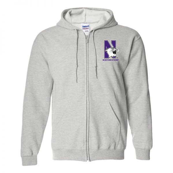 Northwestern University Wildcats Men's Ash Grey Full-Zip Hooded Sweatshirt with Left Chest Embroidered N-Cat & Northwestern Design