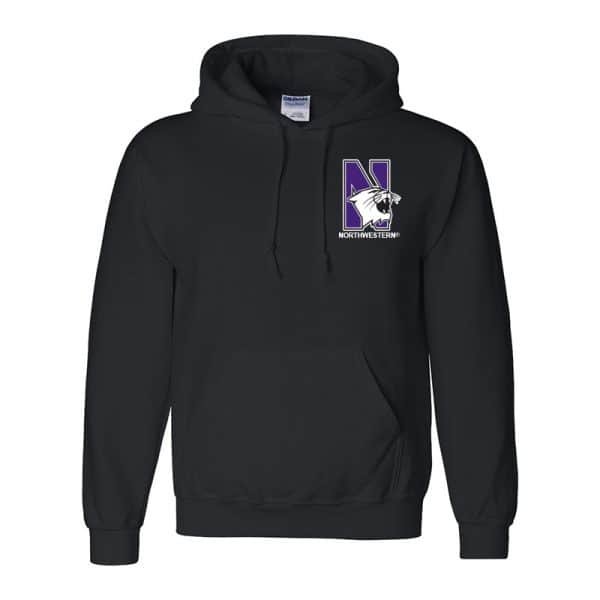 Northwestern University Wildcats Men's Black Hooded Sweatshirt with Left Chest Embroidered N-Cat & Northwestern Design