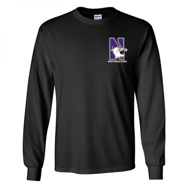 Northwestern University Wildcats Men's Black Long Sleeve Tee Shirt with Left Chest Embroidered N-Cat & Northwestern Design