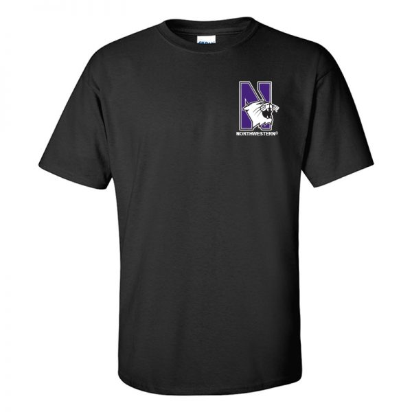 Northwestern University Wildcats Men's Black Short Sleeve Tee Shirt with Left Chest Embroidered N-Cat & Northwestern Design