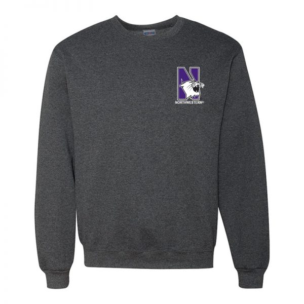 Northwestern University Wildcats Men's Black Heather Crewneck Sweatshirt with Left Chest Embroidered N-Cat & Northwestern Design