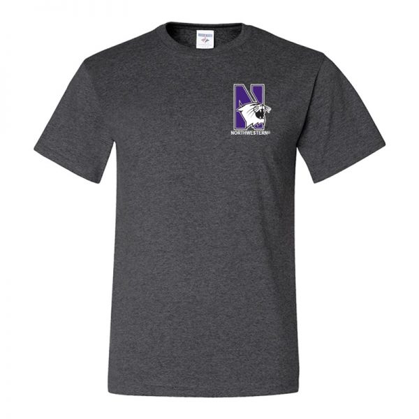 Northwestern University Wildcats Men's Black Heather Short Sleeve Tee Shirt with Left Chest Embroidered N-Cat & Northwestern Design