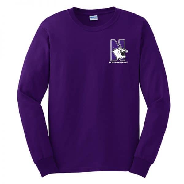 Northwestern University Wildcats Men's Purple Long Sleeve Tee Shirt with Left Chest Embroidered N-Cat & Northwestern Design
