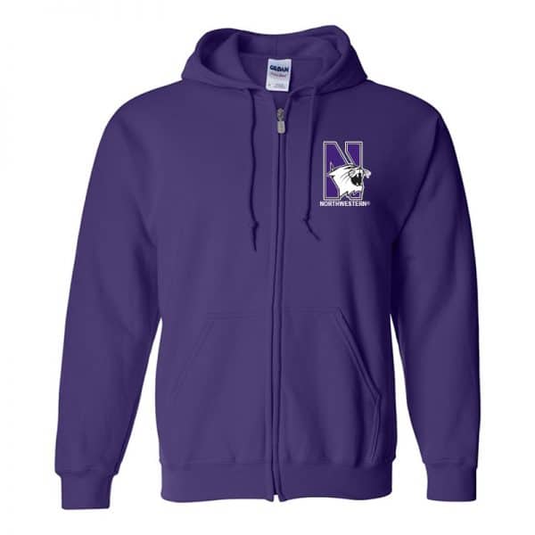 Northwestern University Wildcats Men's Purple Full-Zip Hooded Sweatshirt with Left Chest Embroidered N-Cat & Northwestern Design