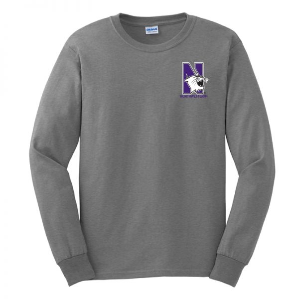 Northwestern University Wildcats Men's Sport Grey Long Sleeve Tee Shirt with Left Chest Embroidered N-Cat & Northwestern Design