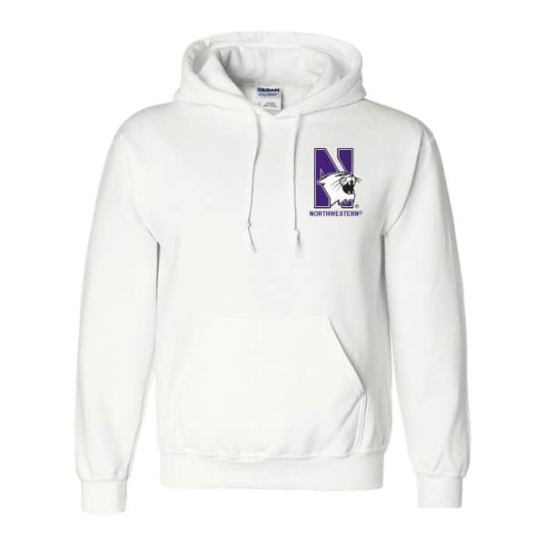 Northwestern University Wildcats Men's White Hooded Sweatshirt with Left Chest Embroidered N-Cat & Northwestern Design