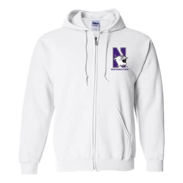 Northwestern University Wildcats Men's White Full-Zip Hooded Sweatshirt with Left Chest Embroidered N-Cat & Northwestern Design