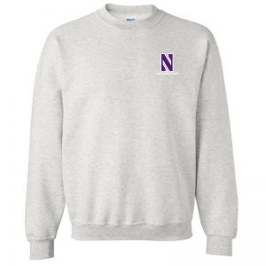 Northwestern University Wildcats Men's Ash Grey Crewneck Sweatshirt with Left Chest Embroidered Stylized N & Northwestern Design