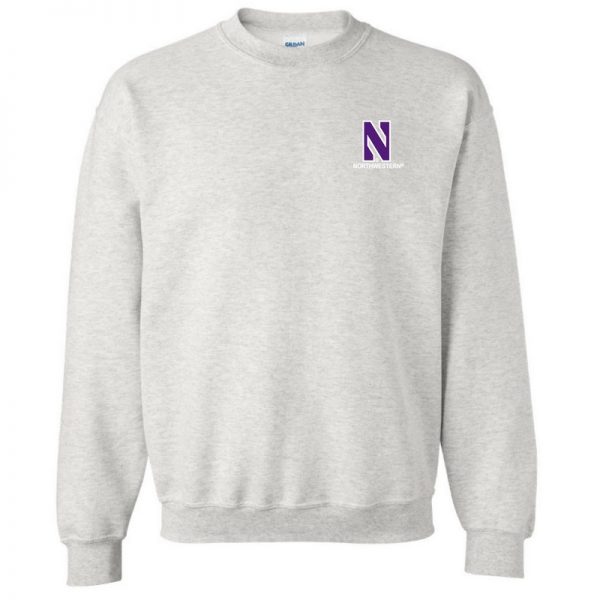 Northwestern University Wildcats Men's Ash Grey Crewneck Sweatshirt with Left Chest Embroidered Stylized N & Northwestern Design