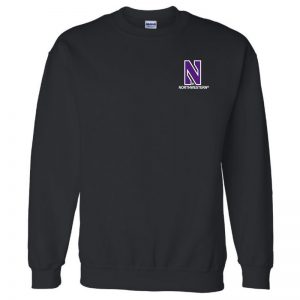 Northwestern University Wildcats Men's Black Crewneck Sweatshirt with Left Chest Embroidered Stylized N & Northwestern Design
