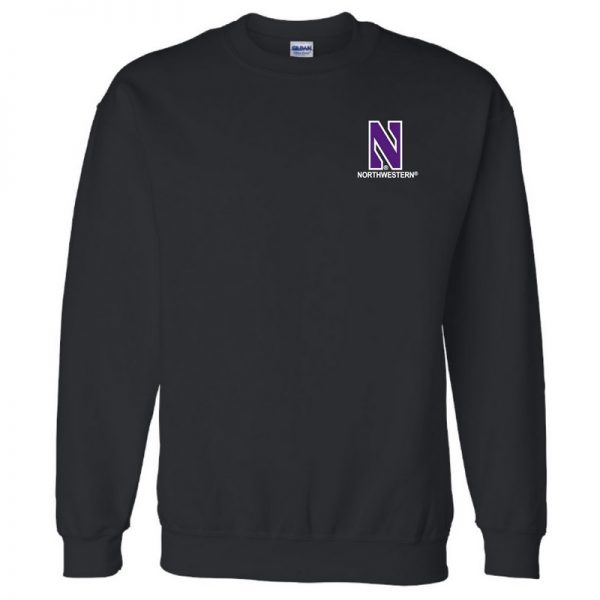 Northwestern University Wildcats Men's Black Crewneck Sweatshirt with Left Chest Embroidered Stylized N & Northwestern Design