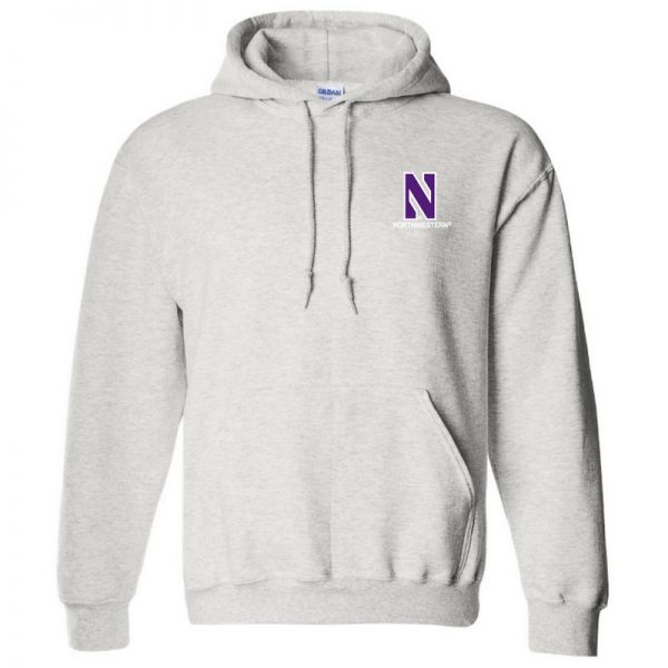 Northwestern University Wildcats Men's Ash Grey Hooded Sweatshirt with Left Chest Embroidered Stylized N & Northwestern Design