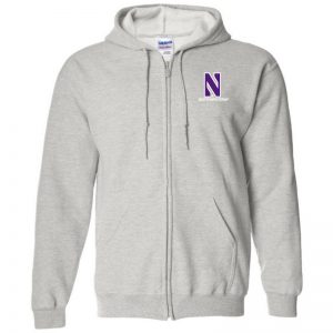 Northwestern University Wildcats Men's Ash Grey Full-Zip Hooded Sweatshirt with Left Chest Embroidered Stylized N & Northwestern Design